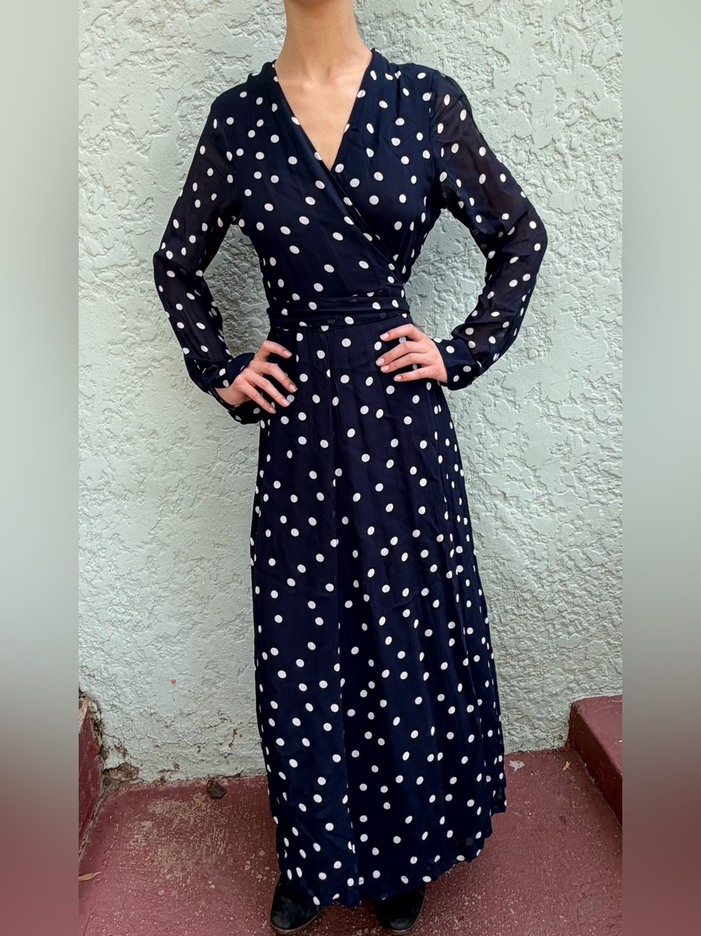 Ganni Navy and White Polka Dot Wrap Maxi Dress